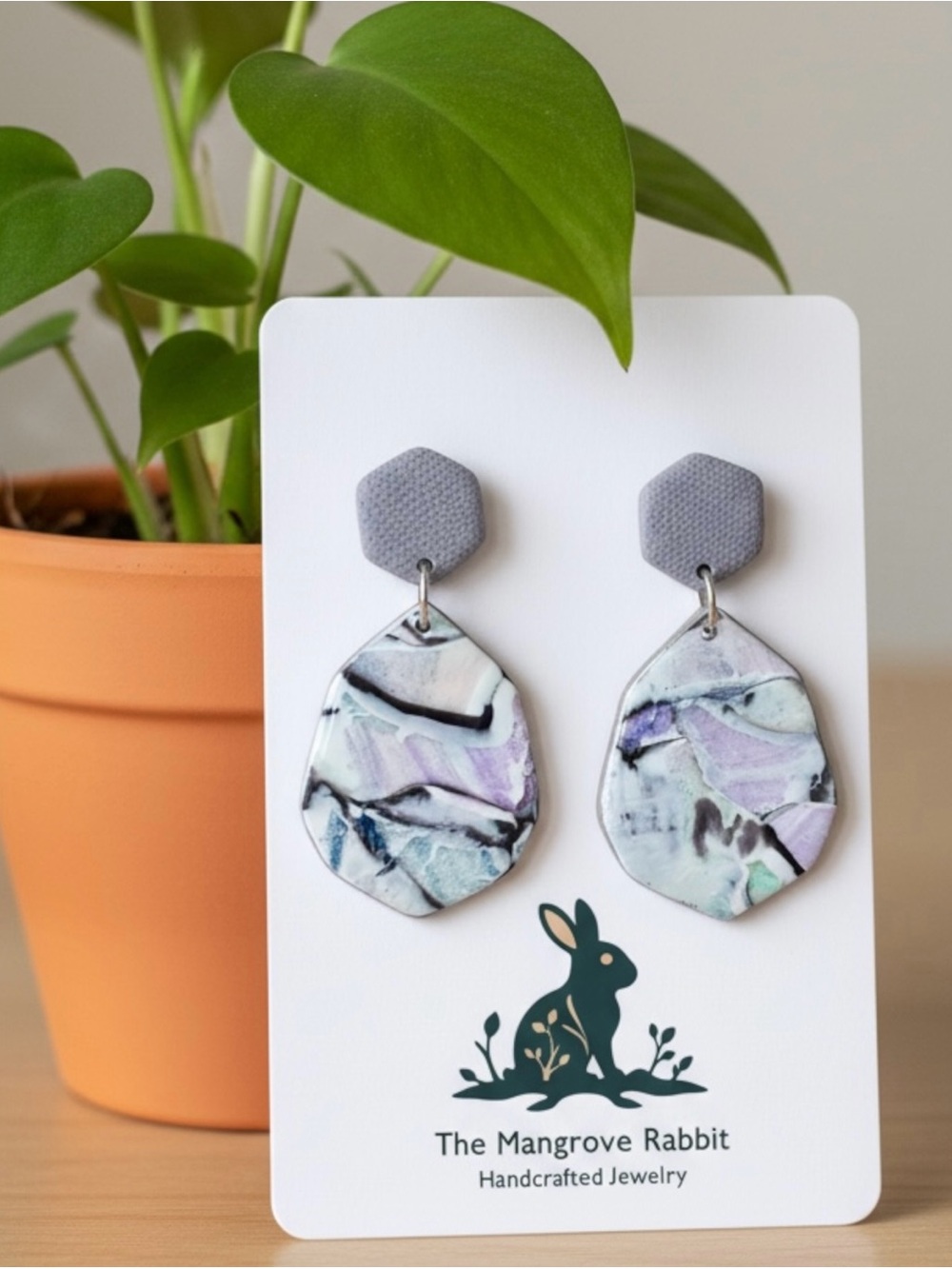 Handmade Pastel Blue Green Purple Watercolor Look Polymer Clay Dangle Earrings